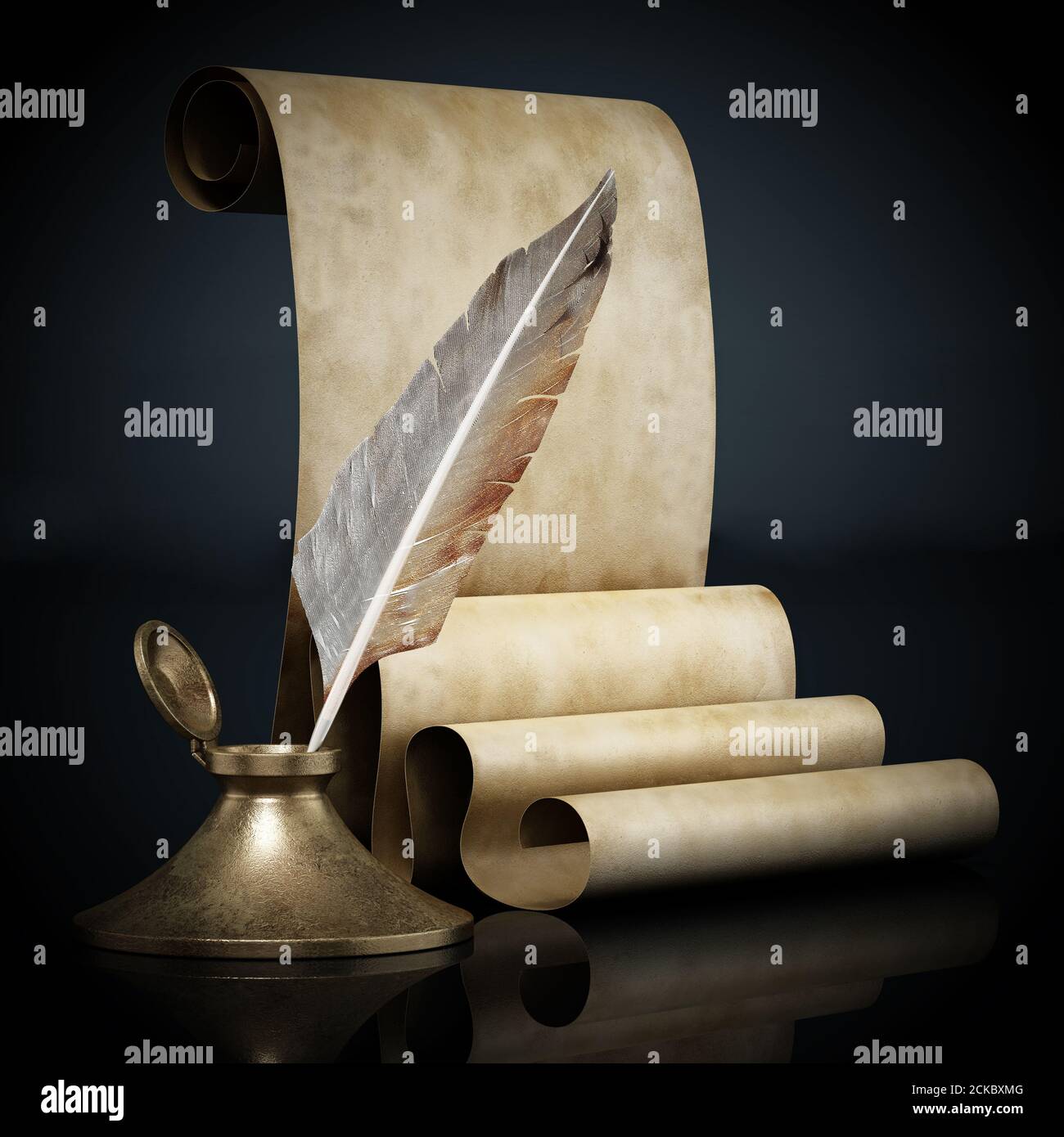Ancient parchment, inkwell and quill. 3D illustration Stock Photo Alamy