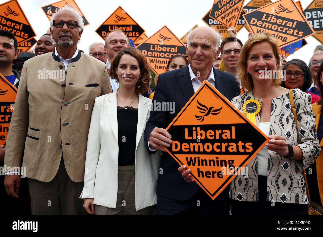 Vince Cable, leader of the Liberal Democrats and new Members of the European  Parliament Irina von Wiese, Dinesh Dhamija and Luisa Porrit attend a news  conference following the results of the European