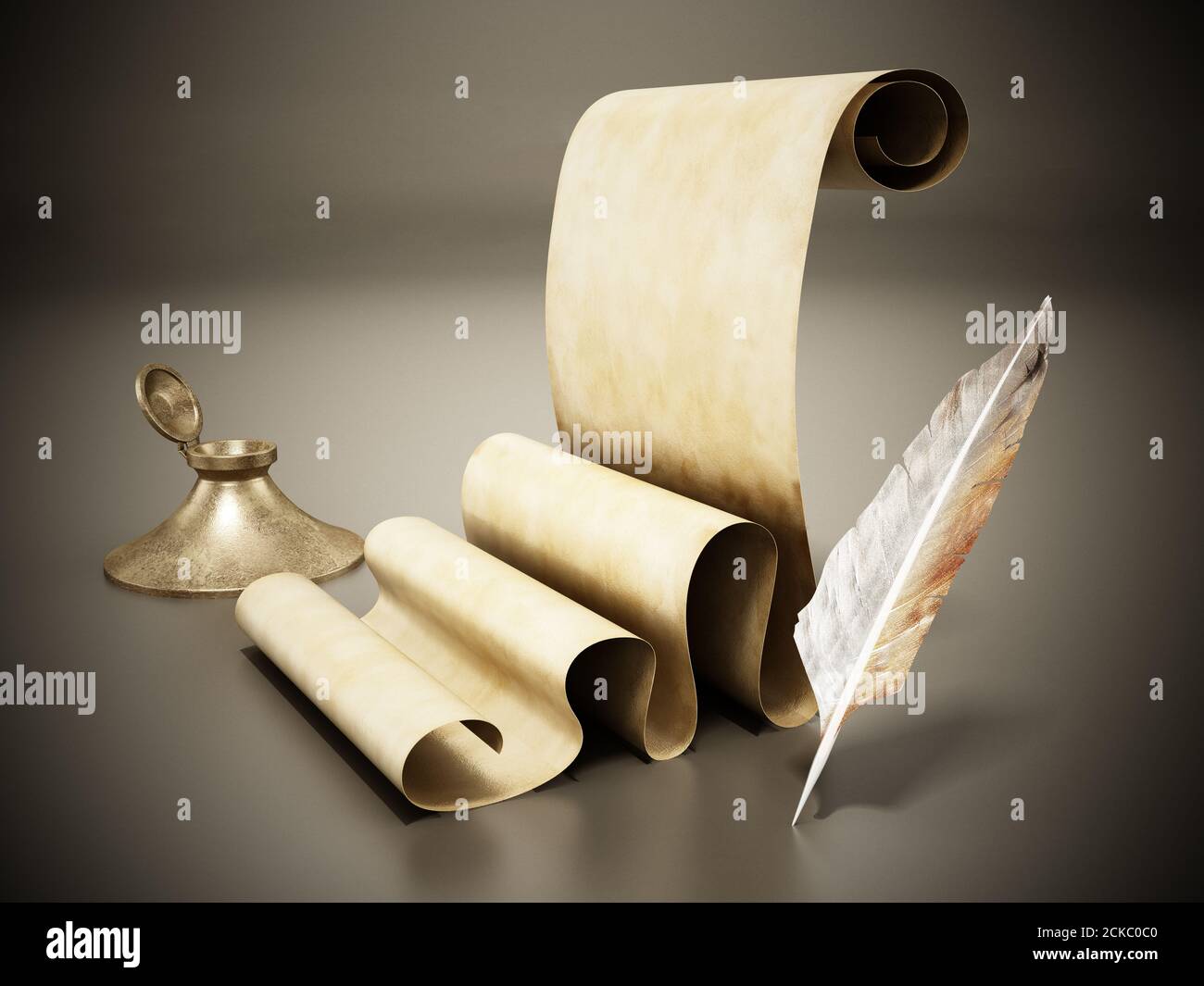 Ancient parchment, inkwell and quill. 3D illustration. Stock Photo