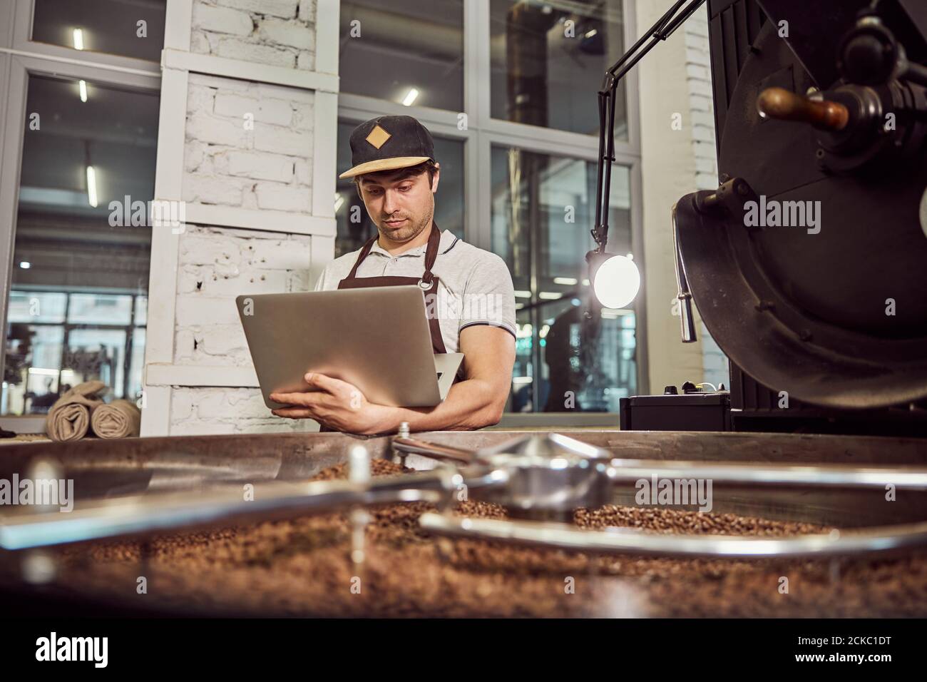 Handsome young man professional roaster using notebook at work Stock