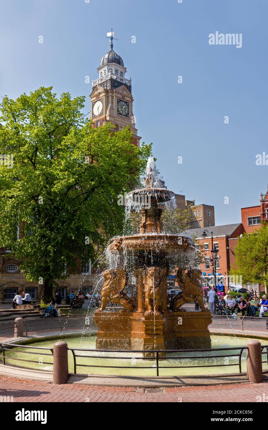 Ornamental water fountain with Town Hall clock tower beyond, Town Hall