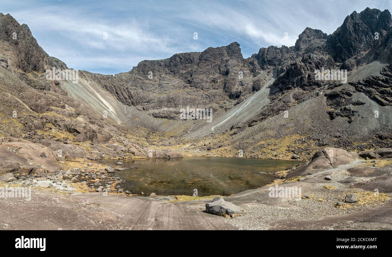 Panoramic image of Coire Lagan and Cuillin Ridge in the Black Cuillin Mountains, Isle of Skye, Scotland, UK Stock Photo