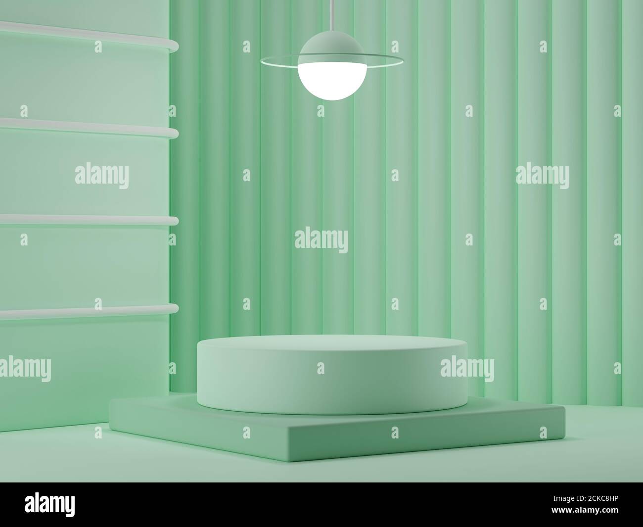 3d rendering cylinder podiums on pastel green background for product mock up showcase. Abstract minimal geometric design. Stock Photo
