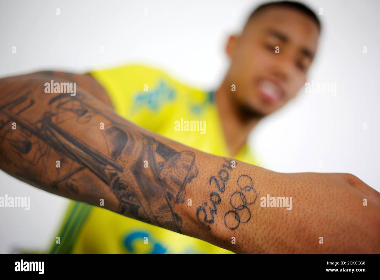 Palmeiras Gabriel Jesus 19 Shows His Tattoo Designed In Reference To His Olympic Gold Medal During An Interview With Reuters In Sao Paulo Brazil November 24 16 Reuters Nacho Doce Stock Photo Alamy