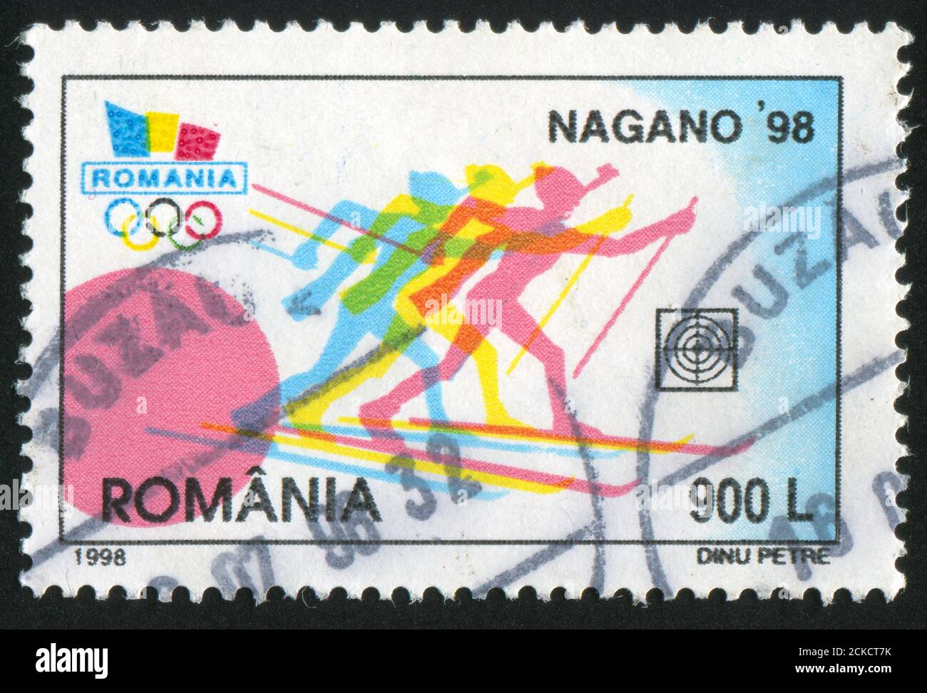 ROMANIA - CIRCA 1998: stamp printed by Romania, shows Winter Olympic Games, Nagano, Skiing, circa 1998 Stock Photo