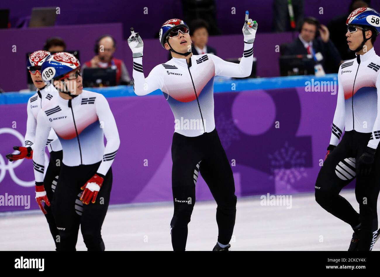 Short Track Speed Skating Events – Pyeongchang 2018 Winter Olympics – Men's  5000m Relay Competition – Gangneung Ice Arena - Gangneung, South Korea –  February 13, 2018 - Kim Dok-youm of South