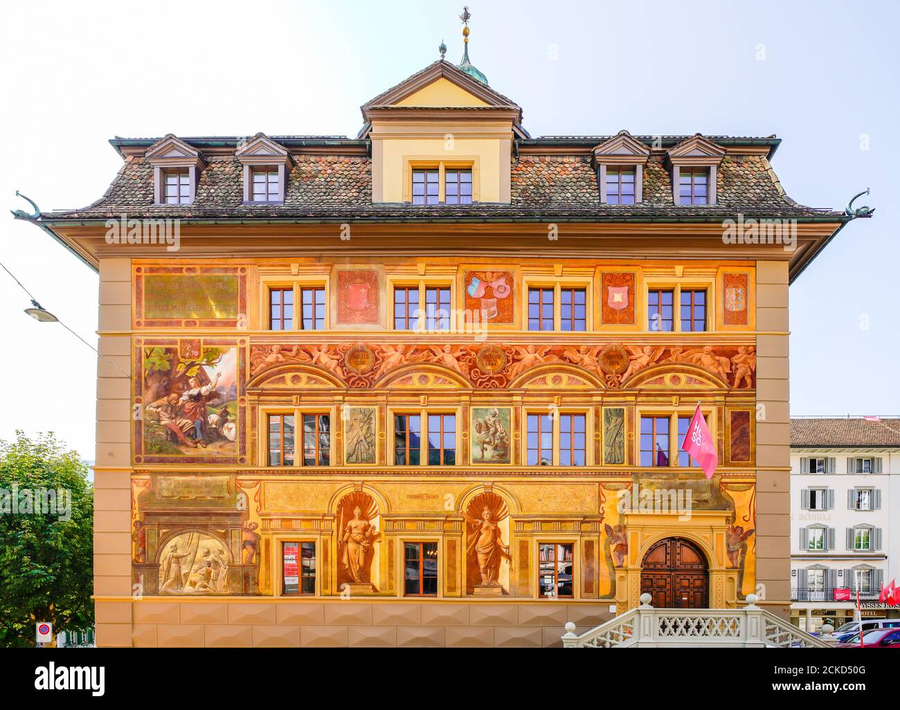 Painted facade of Schwyz Tity Hall (Town Hall). Canton Schwyz.  Switzerland. The murals was done to celebrate 600 years Swiss Confederation. The Feder Stock Photo