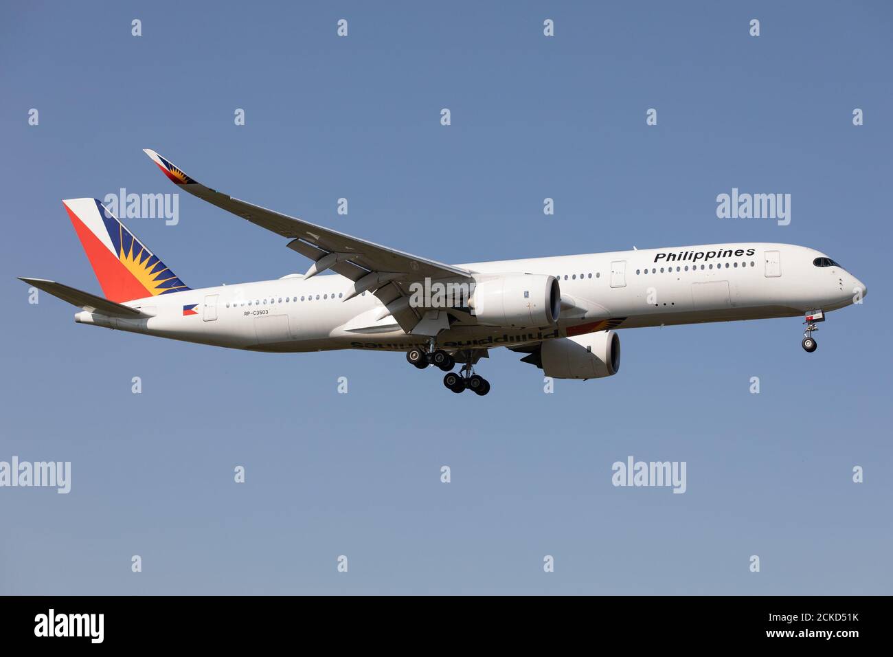 A Philippines Airlines Airbus A350 lands at London Heathrow Airport