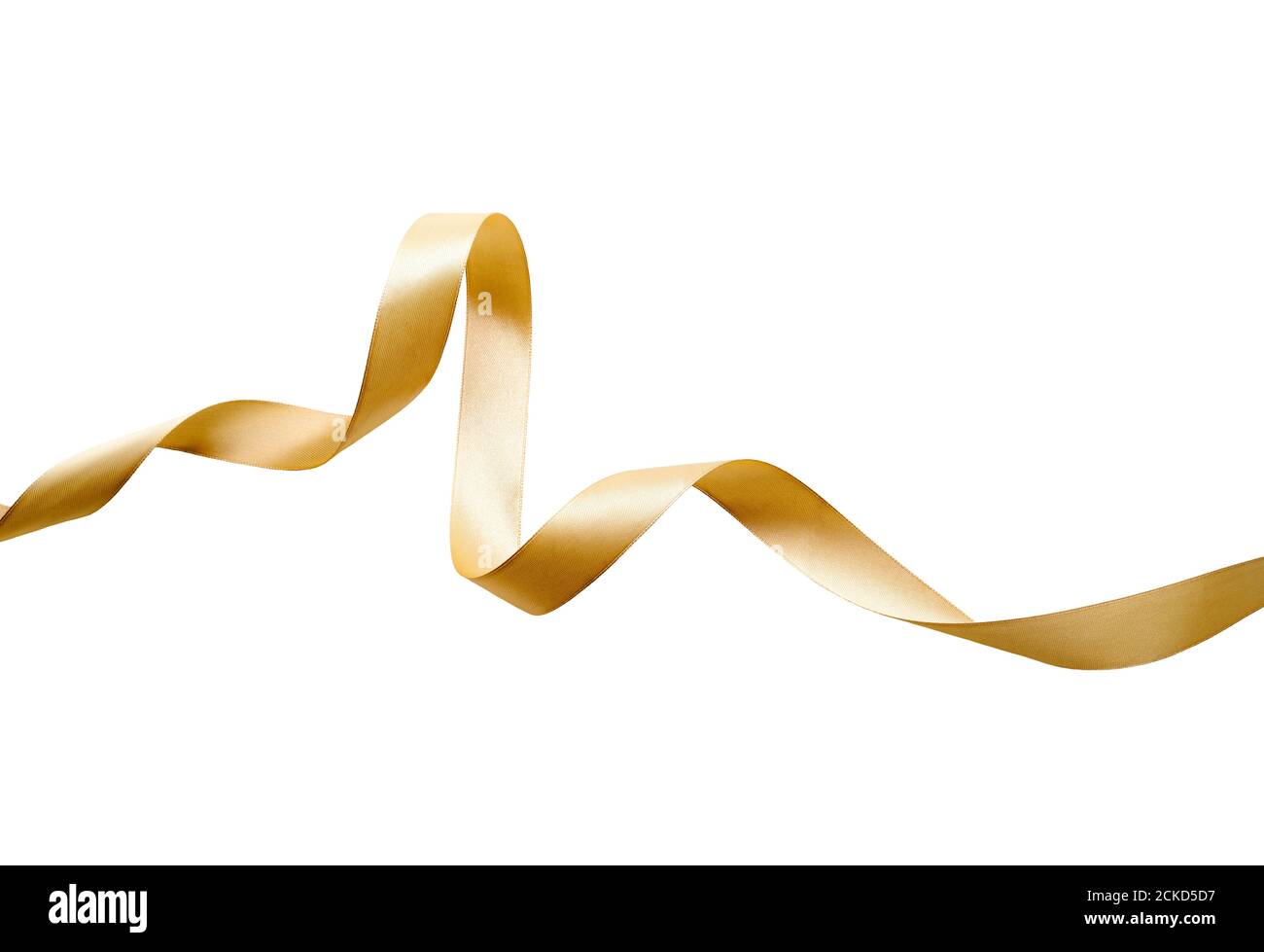 A curly gold ribbon for Christmas and birthday present banner isolated against a white background. Stock Photo