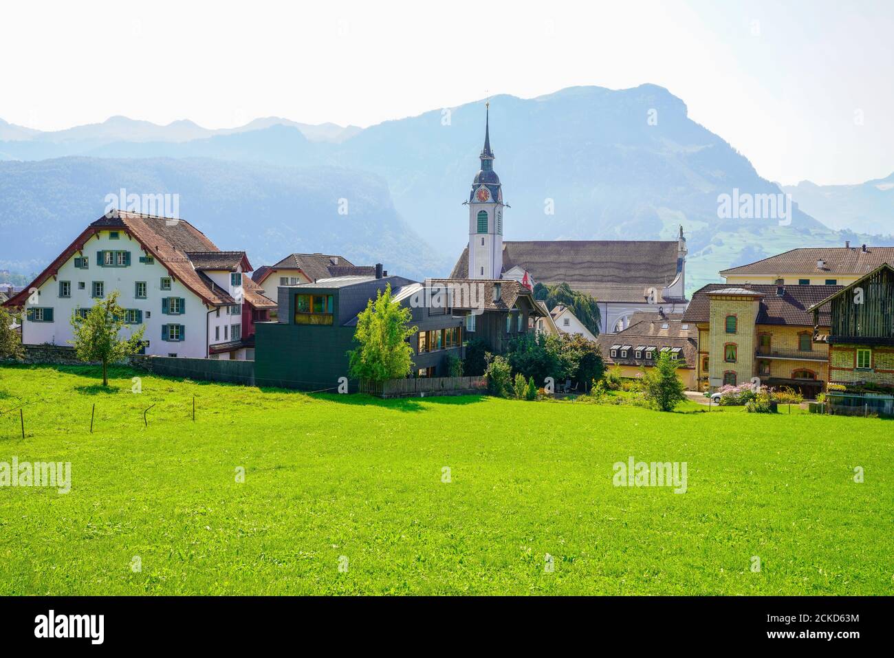 Panoramic view of old town Schwyz and Church of St. Martin.The capital of  canton of Schwyz in Switzerland. The Federal Charter of 1291 or Bundesbr Stock Photo