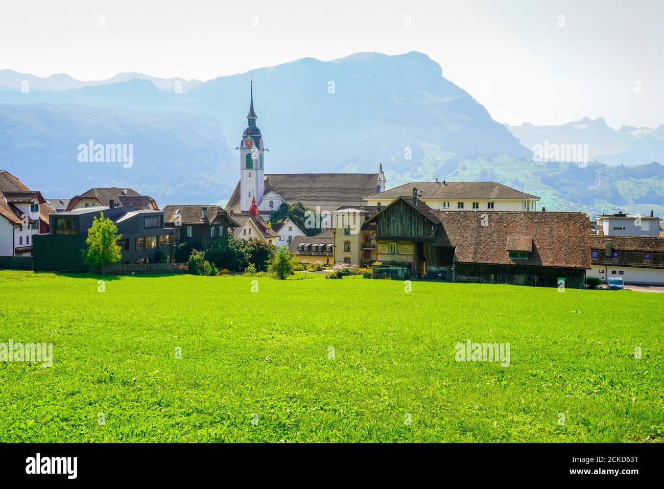 Panoramic view of old town Schwyz and Church of St. Martin.The capital of  canton of Schwyz in Switzerland. The Federal Charter of 1291 or Bundesbr Stock Photo