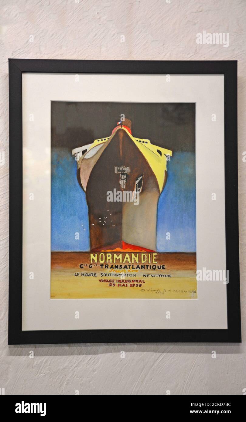 advertising poster of Normandie cruise ship,  the most iconic work of A.M. Cassandre (1901-1968 ) watercolor copy by french artist Maurice Boutanquoi Stock Photo