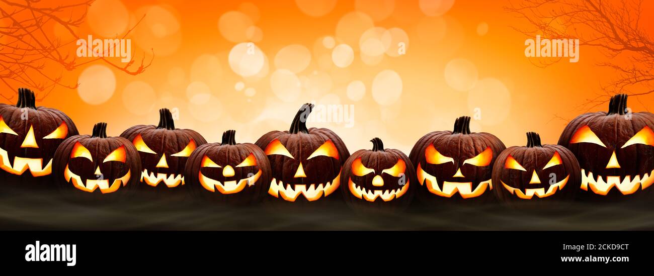Nine halloween, Jack O Lanterns, with evil spooky eyes and faces isolated against a orange and yellow bokeh sky background. Stock Photo