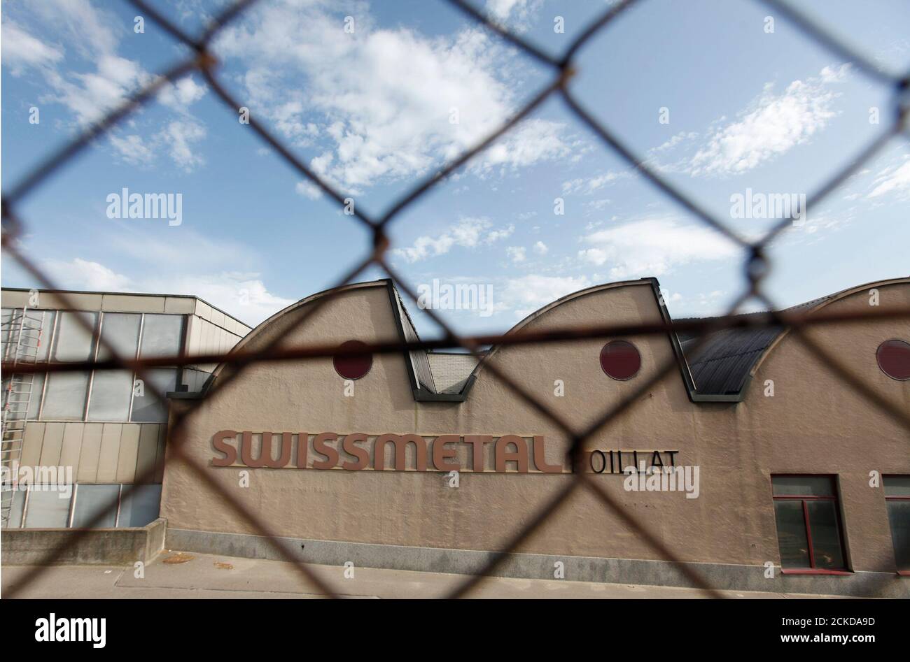 The logo of SWISSMETAL is seen outside the Swissmetal plant in Reconvilier August 23, 2011. REUTERS/Pascal Lauener (SWITZERLAND - Tags: EMPLOYMENT BUSINESS) Stock Photo