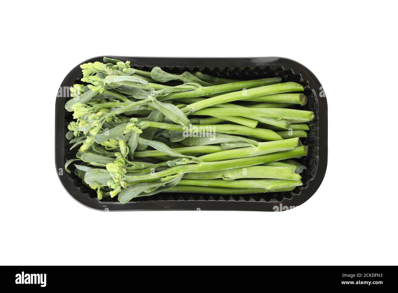 Plastic container with broccolini isolated on white background Stock Photo