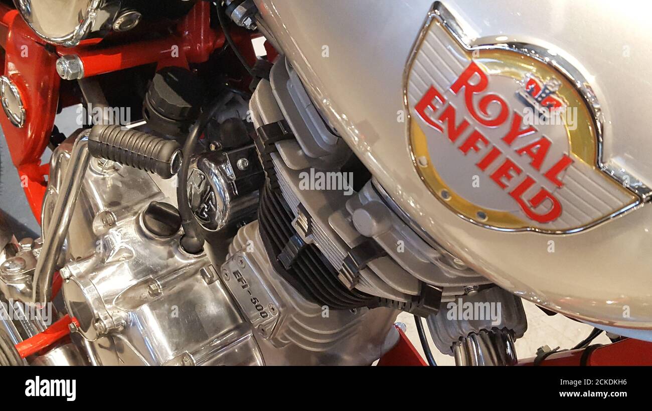 Bordeaux , Aquitaine / France - 12 19 2019 : Royal Enfield logo on Fuel tank vintage motorbike Stock Photo