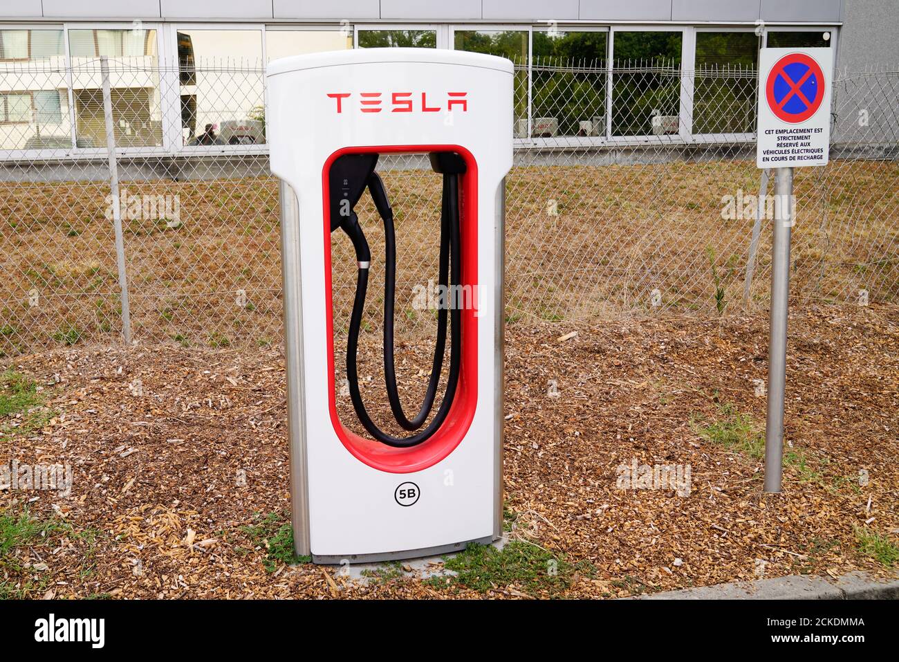 Bordeaux , Aquitaine / France 09 01 2020 tesla red white charger supercharger power supply