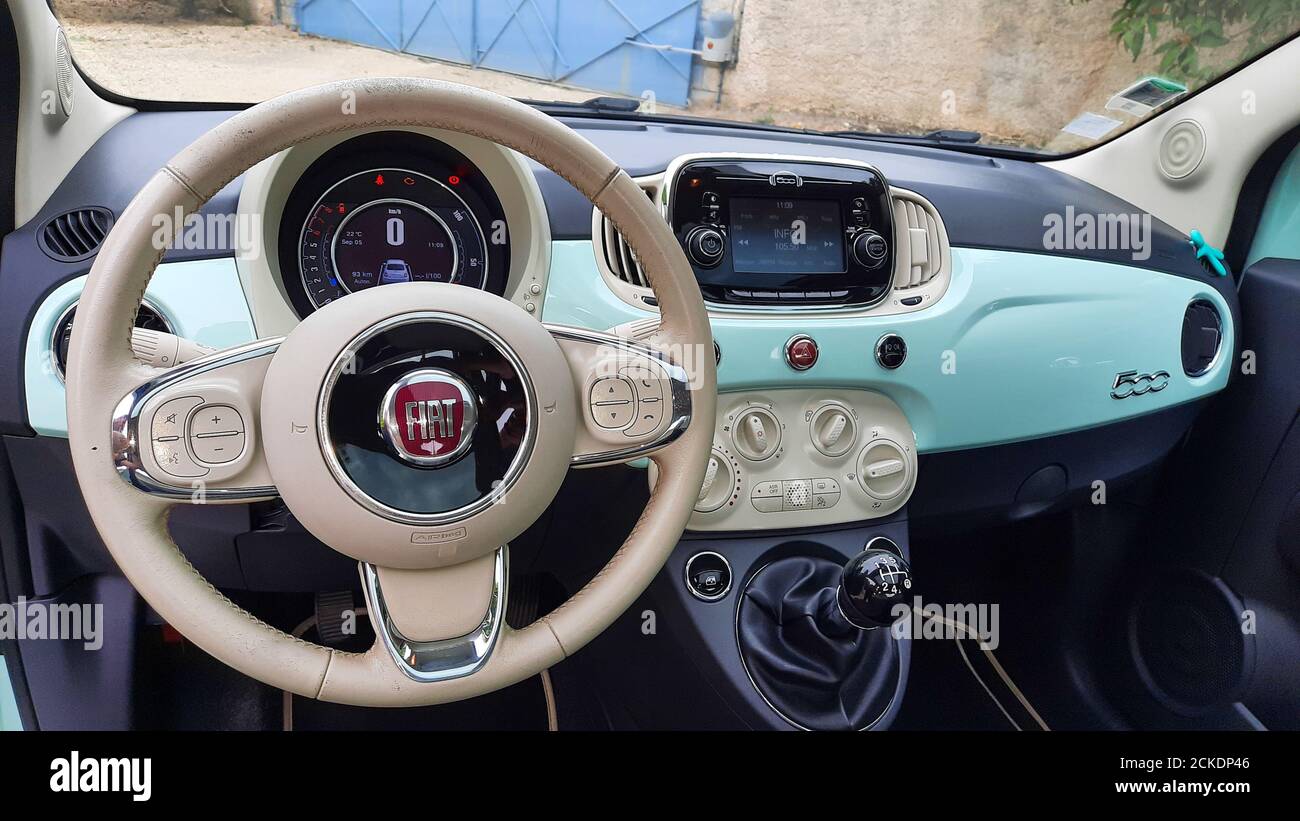 Bordeaux , Aquitaine / France - 09 01 2020 : fiat 500 blue vintage interior  with retro white steering wheels and dashboard Stock Photo - Alamy