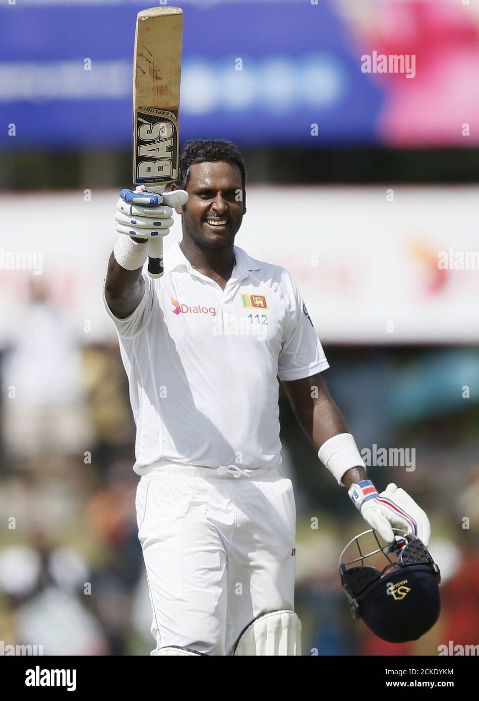 Sri Lanka's captain Angelo Mathews celebrates his century during the third day of their second test cricket match against India in Colombo August 22, 2015. REUTERS/Dinuka Liyanawatte Stock Photo