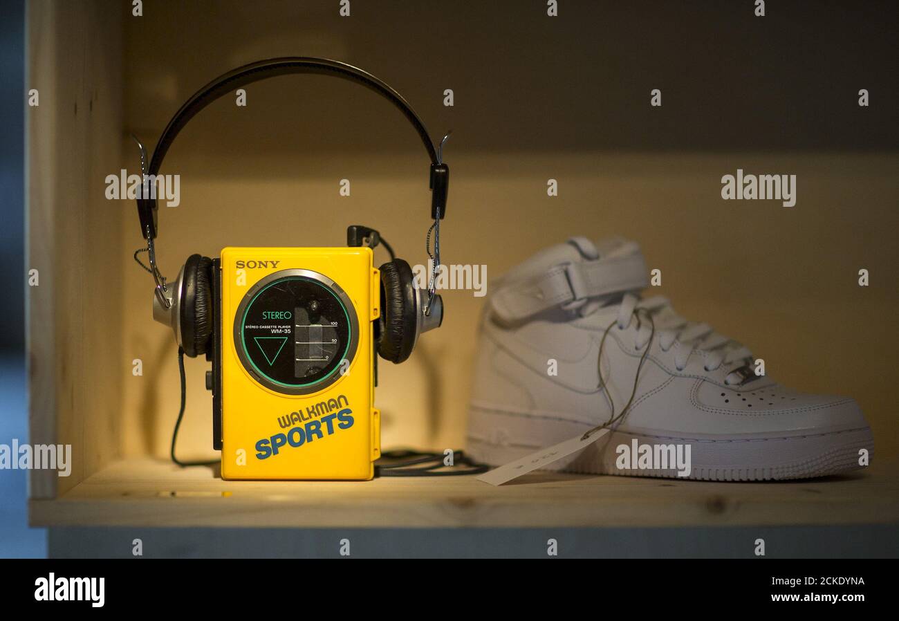 An old Walkman from Sony is pictured at the concept store "Knick-Knack to  the Future" in Berlin, Germany, September 1, 2015. The Berlin-based  collective of artists, called copy & waste, selling coffee,