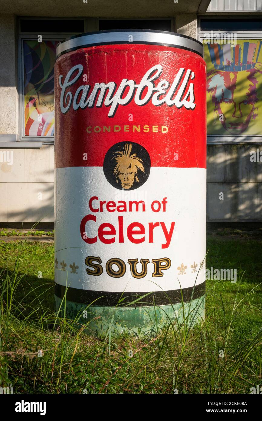 Portrait of artist Andy Warhol on a large can of Campbells soup outside the museum. Medzilaborce, Slovakia, Europe. Stock Photo