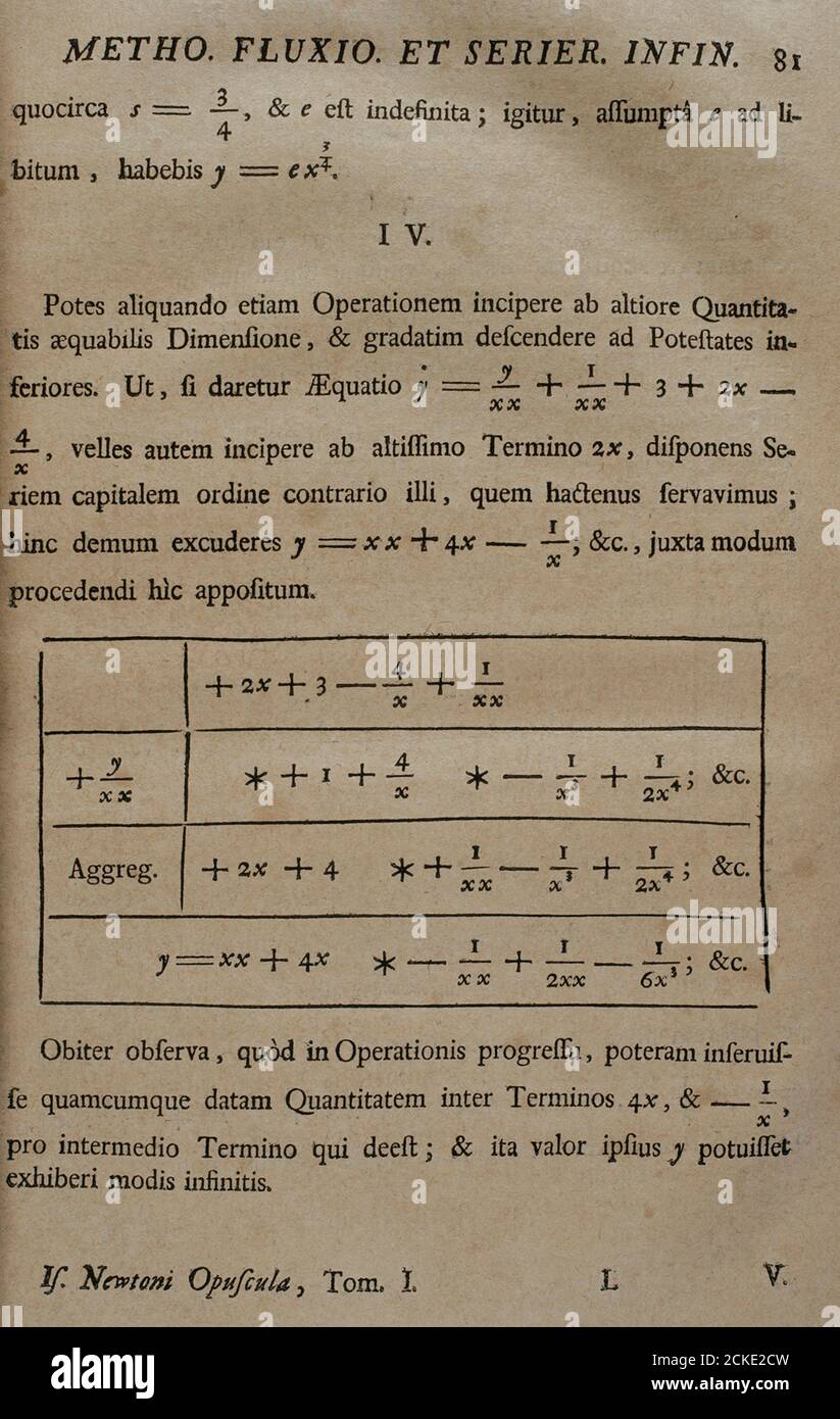 Isaac Newton (1642-1727). English physicist, astronomer and mathematician. 'Opuscula Mathematica, Philosophica et Philologica'. Volume I: Mathematica. Inside page with mathematical calculations. Published in Lausanne and Geneva, 1744. Newton's original work dates from 1686. Stock Photo