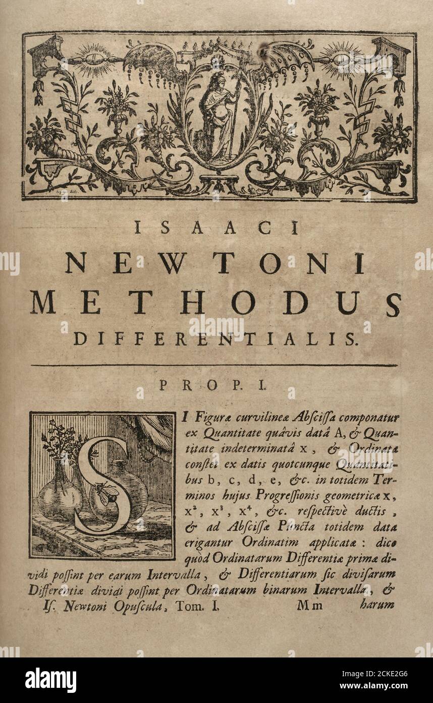 Isaac Newton (1642-1727). English physicist, astronomer and mathematician. 'Opuscula Mathematica, Philosophica et Philologica'. Volume I: Mathematica. Inside page. Published in Lausanne and Geneva, 1744. Newton's original work dates from 1686. Stock Photo