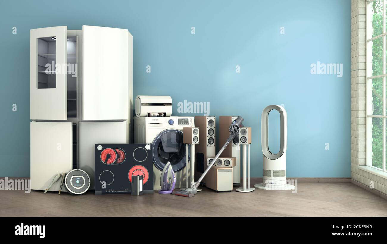 https://c8.alamy.com/comp/2CKE3NR/modern-home-appliances-in-empty-room-commerce-or-online-shopping-concept-for-marketing-3d-2CKE3NR.jpg