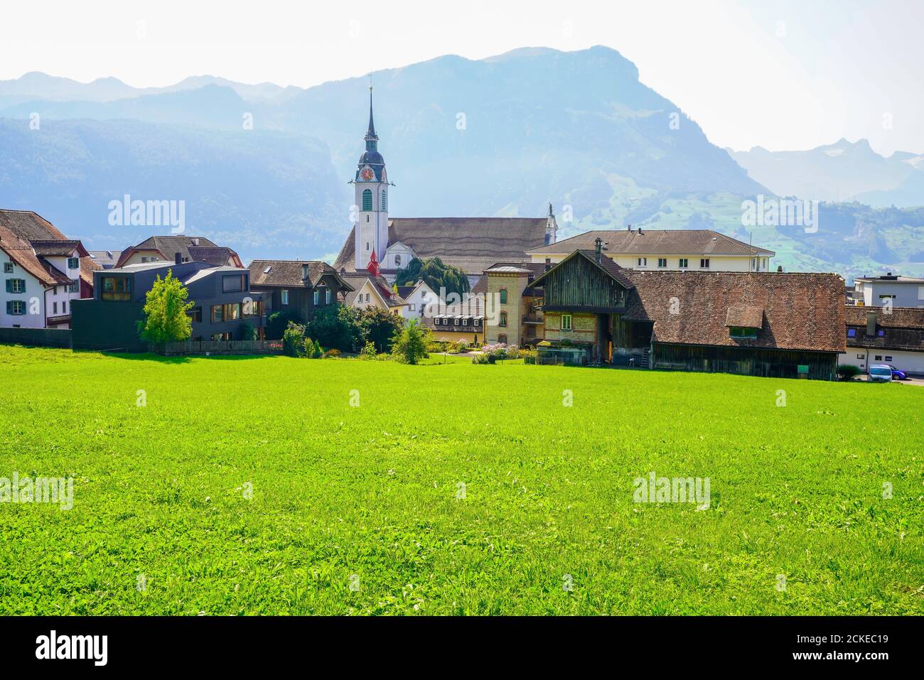 Panoramic view of old town Schwyz and Church of St. Martin.The capital of canton of Schwyz in Switzerland. The Federal Charter of 1291 or Bundesbr Stock Photo