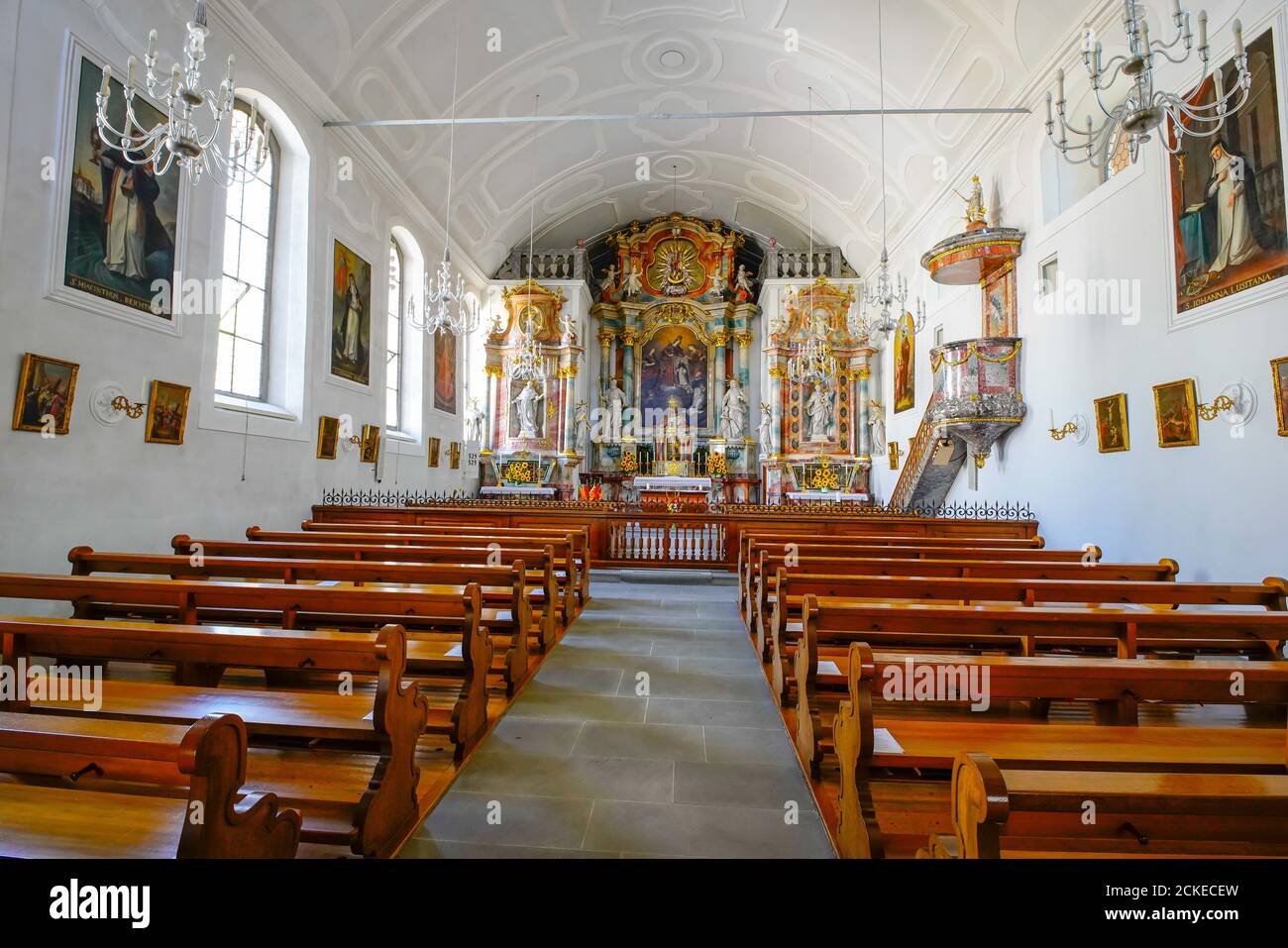 Inside St. Peter's convent church founded year 1275, Schwyz, Strehlgasse 18, Canton Schwyz, Switzerland. Stock Photo