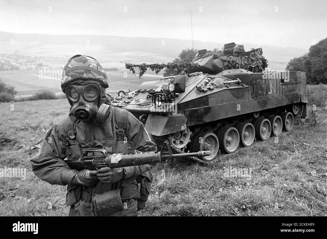 NATO exercises in Germany, September 1984, British soldier in NBC clothing Stock Photo