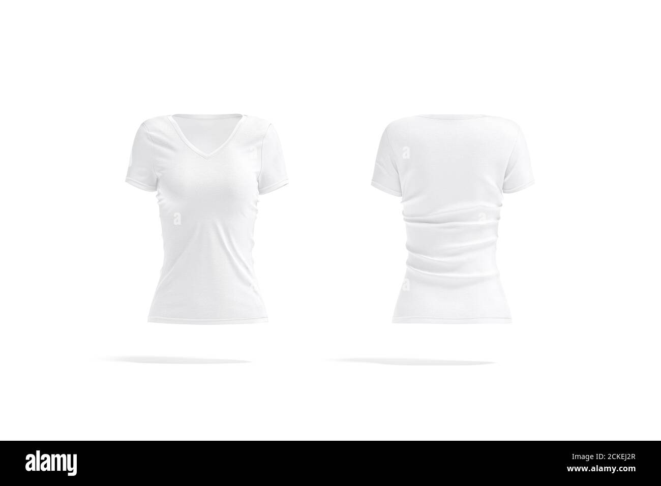 Blank white women v-neck t-shirt mockup, front and back view Stock Photo -  Alamy