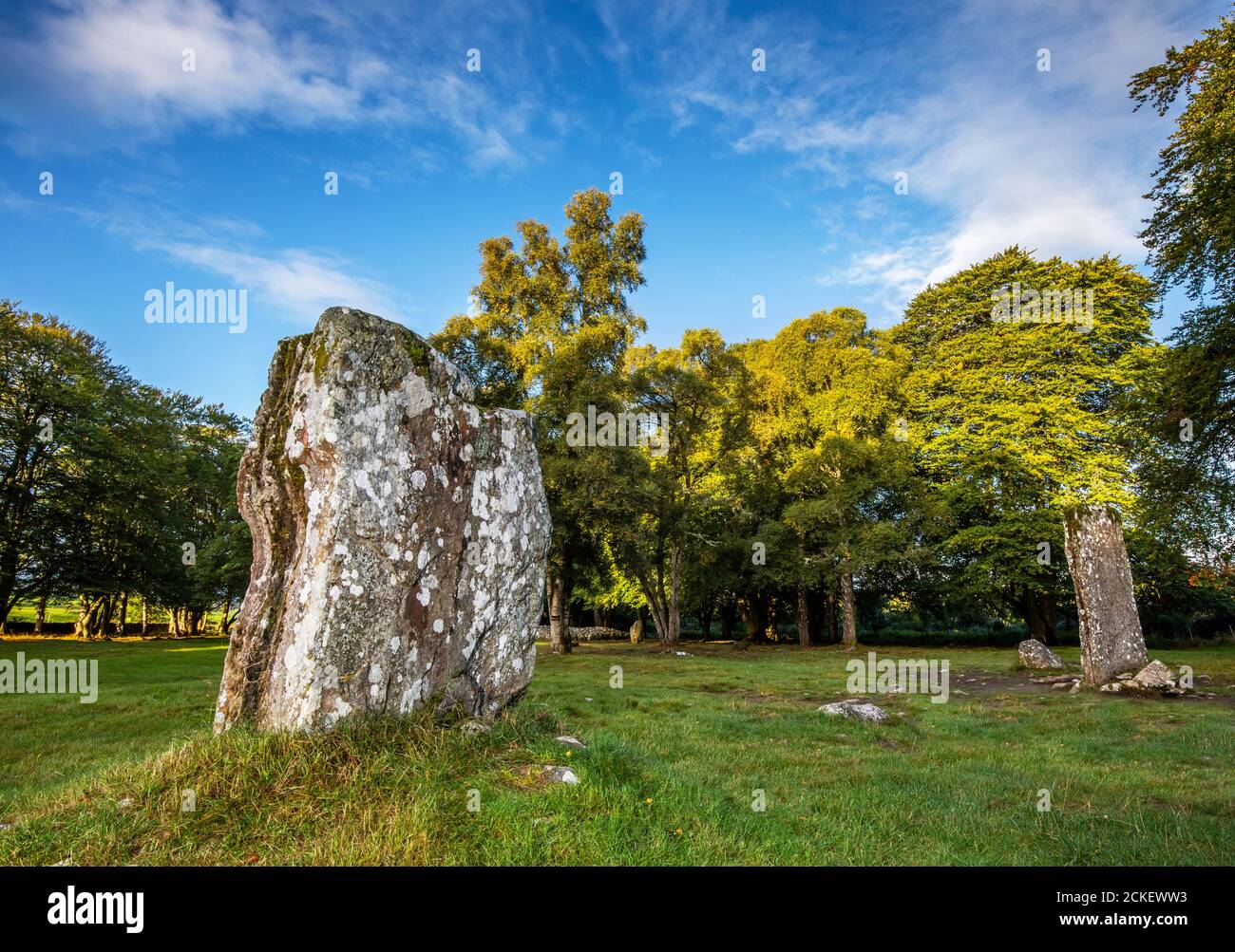 Clava Cairns, a Prehistoric Bronze Age burial complex of standing stones, ring cairns, passage graves and kerb cairns, near Inverness, Scotland, UK Stock Photo