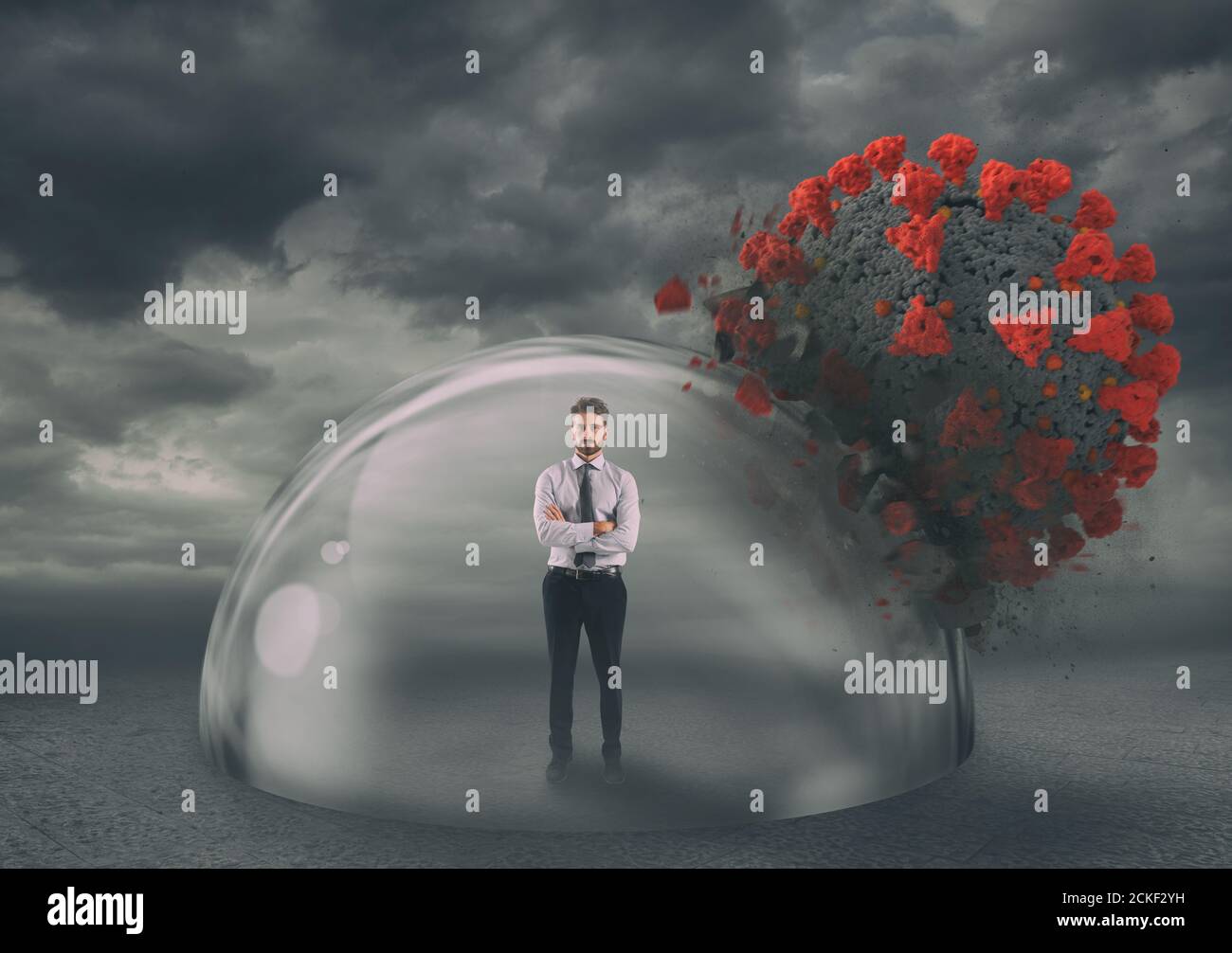 Businessman safely inside a shield dome during coronavirus pandemic. Protection and safety concept Stock Photo