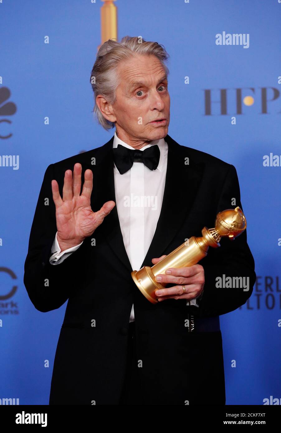 76th Golden Globe Awards - Photo Room - Beverly Hills, California, U.S., January 6, 2019 Michael Douglas poses backstage with his trophy for Best Performance by an Actor in a Television Series - Musical or Comedy  for 'The Kominsky Method'. REUTERS/Mario Anzuoni Stock Photo