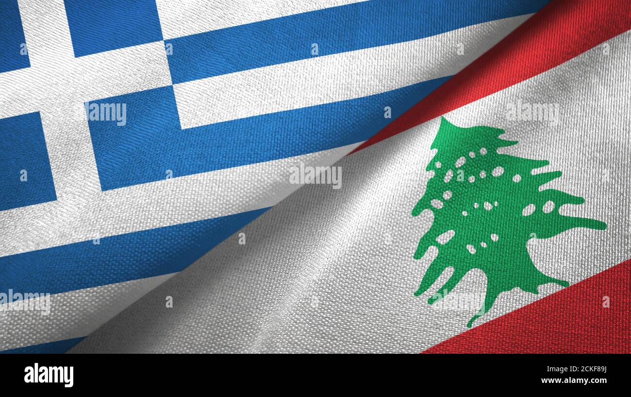 Greece and Lebanon two flags textile cloth, fabric texture Stock Photo