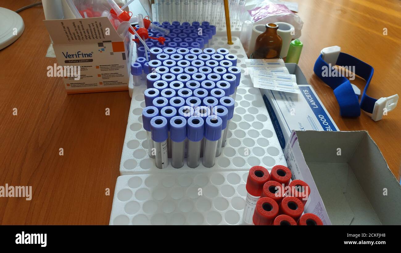 High angle shot of blood test containers in the laboratory Stock Photo