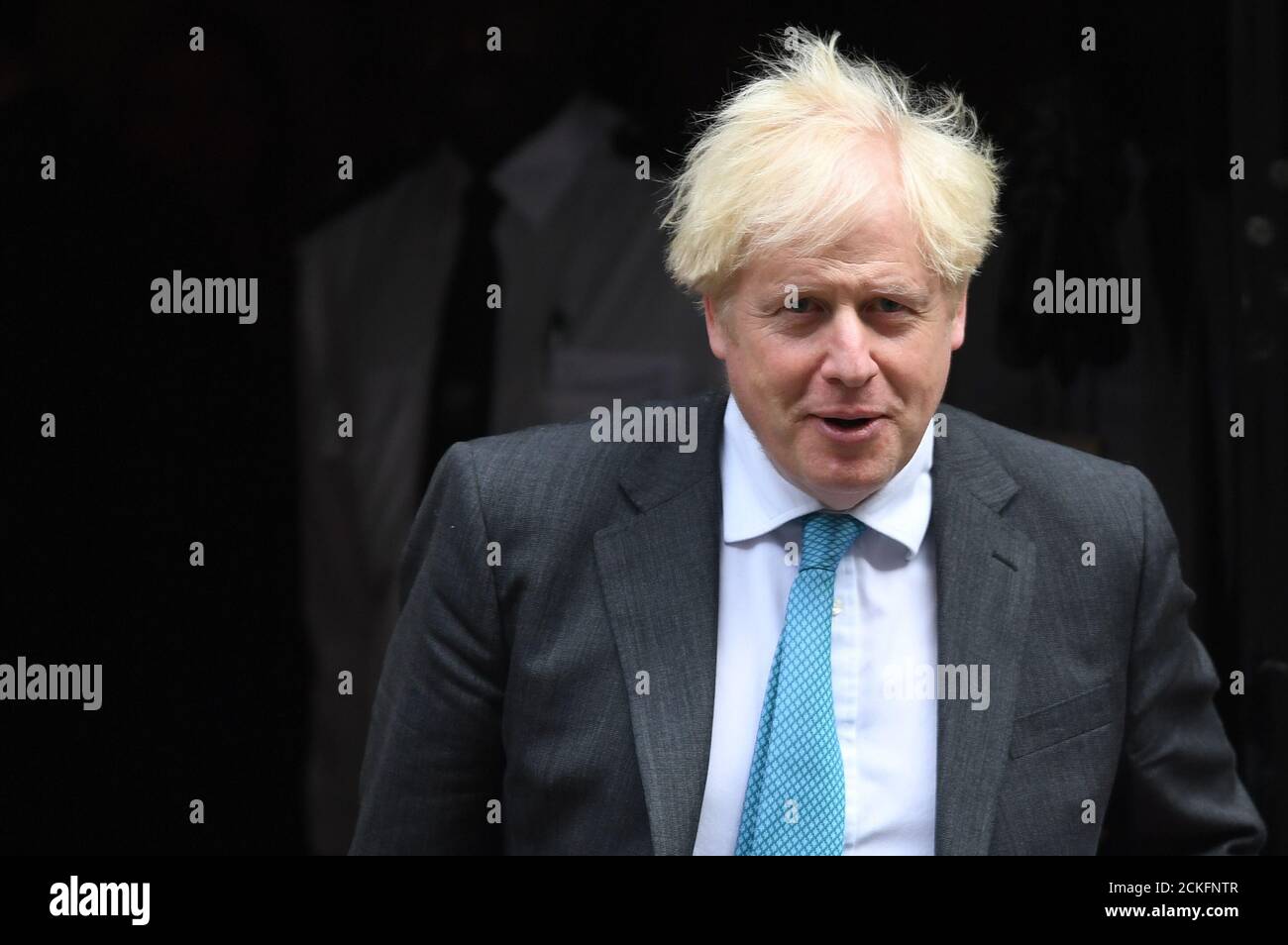 Prime Minister Boris Johnson departs 10 Downing Street, Westminster, London, to attend Prime Minister's Questions at the Houses of Parliament. Stock Photo