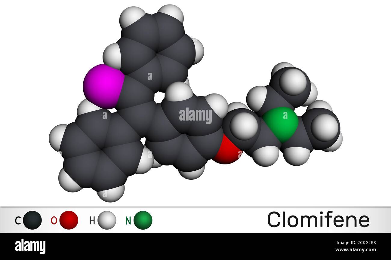Clomifene, clomiphene, enclomifene, E-isomer molecule. It is an oral agent used to treat infertility in women. Molecular model. 3D rendering Stock Photo