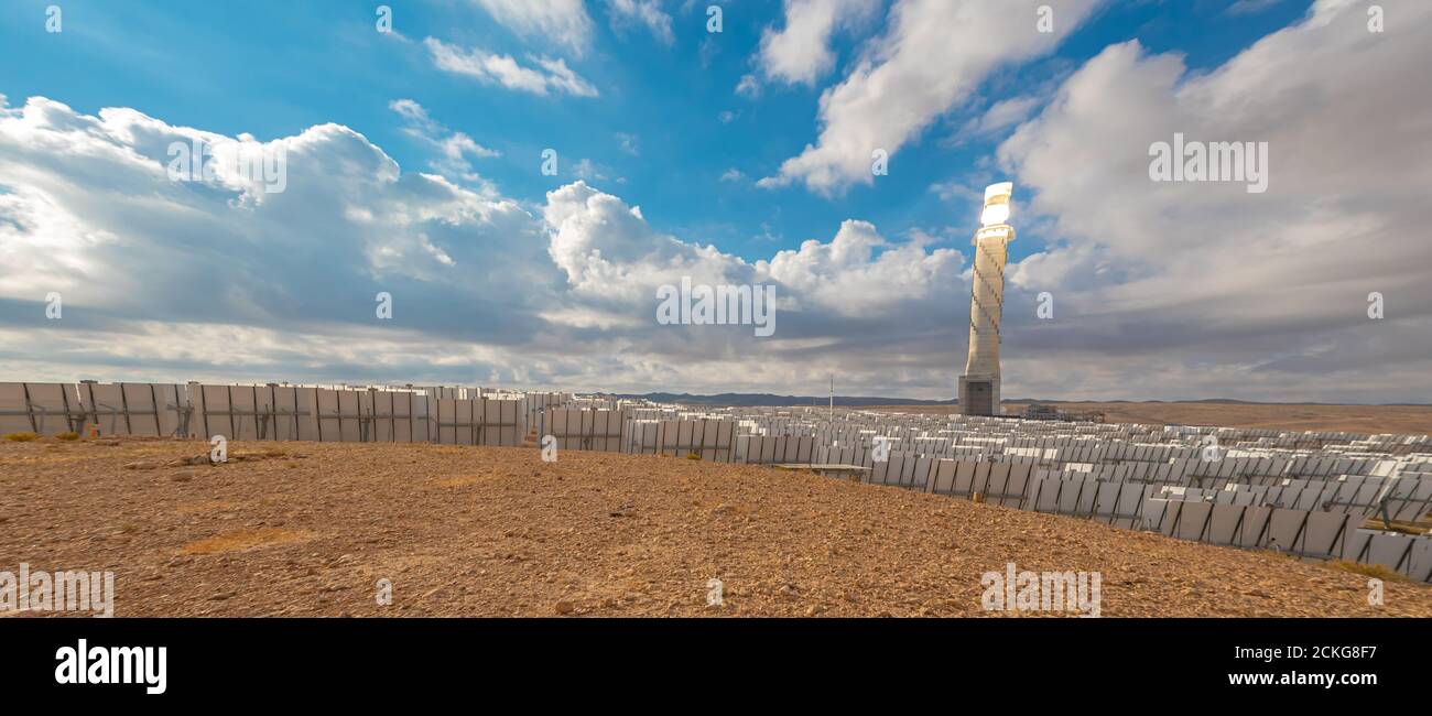 The Ashalim Solar Power station is a solar thermal power station in the Negev desert near the kibbutz of Ashalim, in Israel. The station will provide Stock Photo