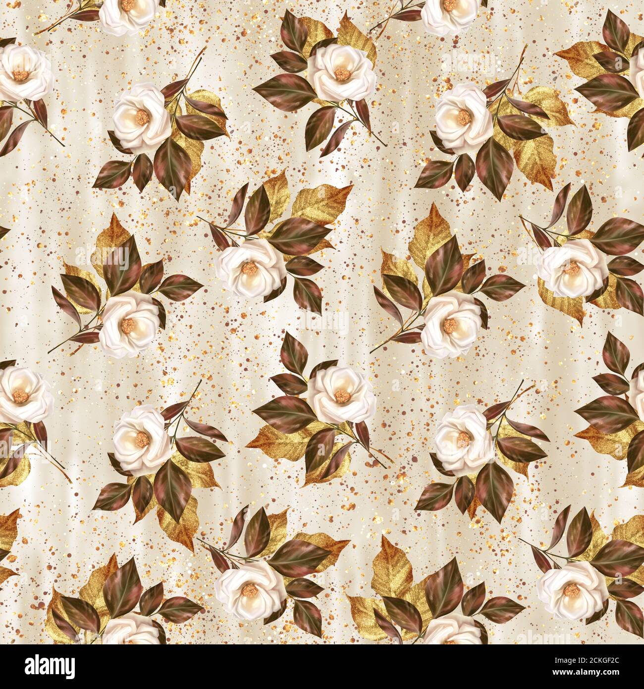 Floral seamless pattern with white roses, leaves and glitter Stock ...