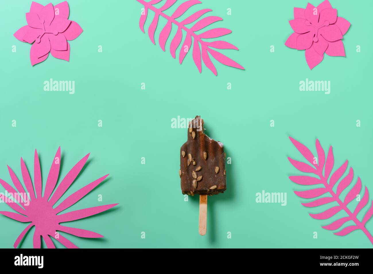 Top View Chocolate Outer Popsicle With A Bite With Paper Cutting Flowers And Leaves On Green Background Stock Photo Alamy