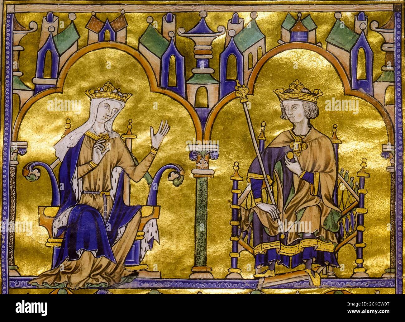 Blanche of Castile (1188-1252), Queen Consort of France and her son King Louis IX of France (1214-1270), from the moralized Bible of Toledo,  13th Century illuminated manuscript, 1200-1299 Stock Photo