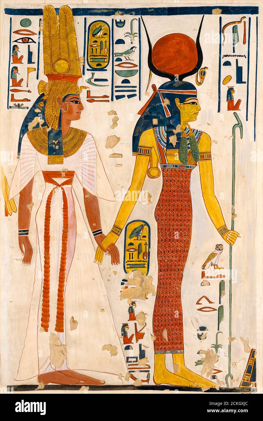 Queen Nefertari (1301-1255 BC) being led by Isis, Ancient Egyptian painting by Charles K Wilkinson, circa 1920s, original Egyptian art, 1279-1213 BC Stock Photo