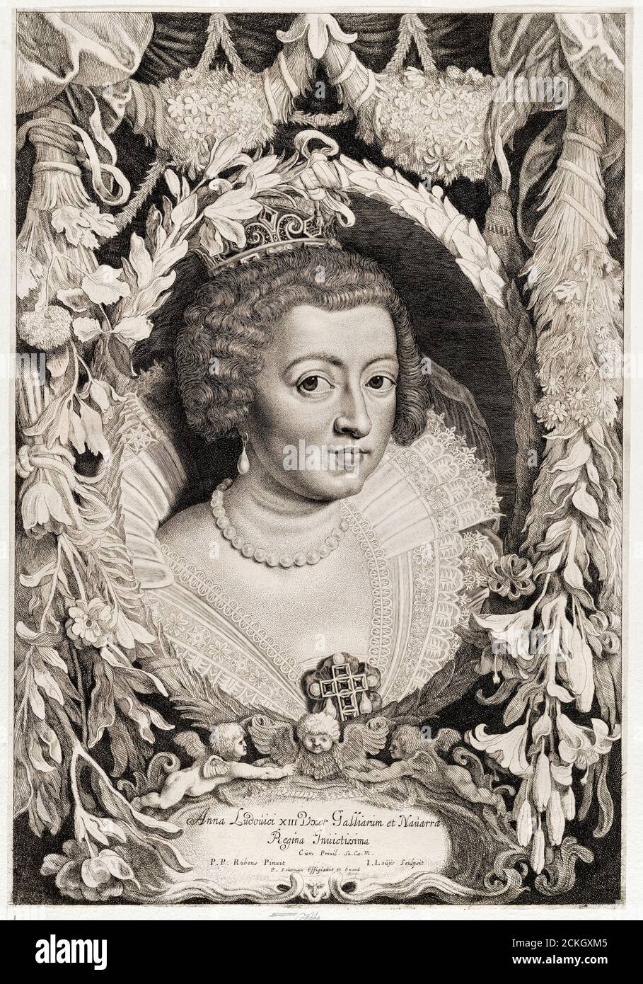 Anne of Austria (1601-1666), Queen consort of France, portrait engraving by Jacob Louys, after Rubens, circa 1650 Stock Photo