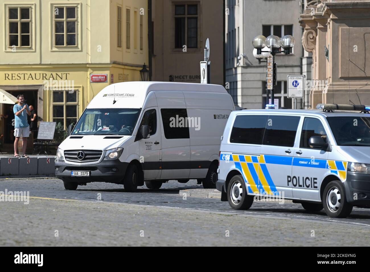 Prague, Czech Republic. 16th Sep, 2020. Foreign exhibits for the "Rembrandt: Portrait of a Man" exhibition were brought to the Kinsky Palace in Prague, Czech Republic, on September 16, 2020, under supervision of the police. Credit: Michal Kamaryt/CTK Photo/Alamy Live News Stock Photo