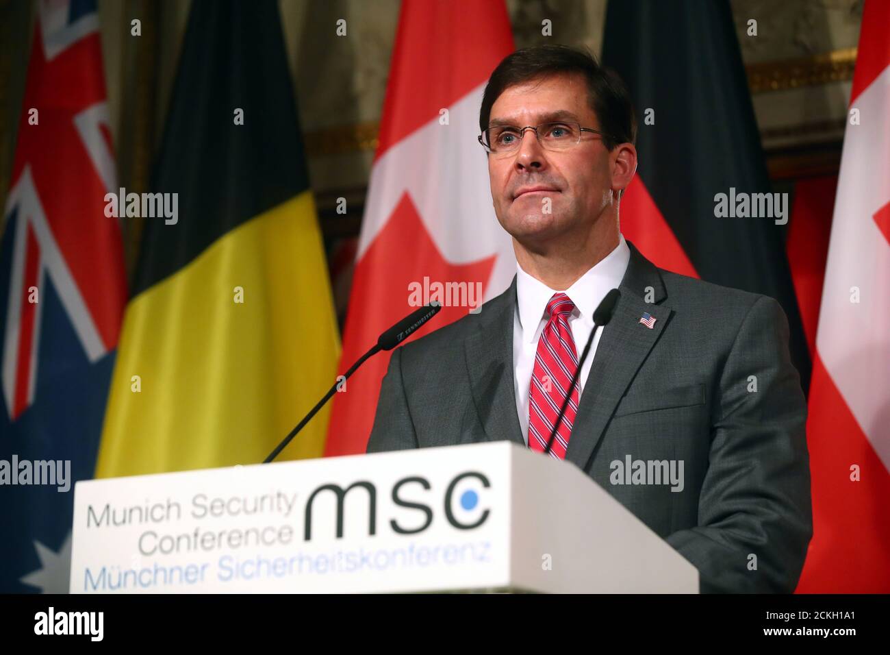 U.S. Defense Secretary Mark Esper reacts during a joint news conference with German Defense Minister Annegret Kramp-Karrenbauer (not pictured) after a meeting on anti-ISIS coalition in Munich, Germany, February 14, 2020. REUTERS/Michael Dalder Stock Photo
