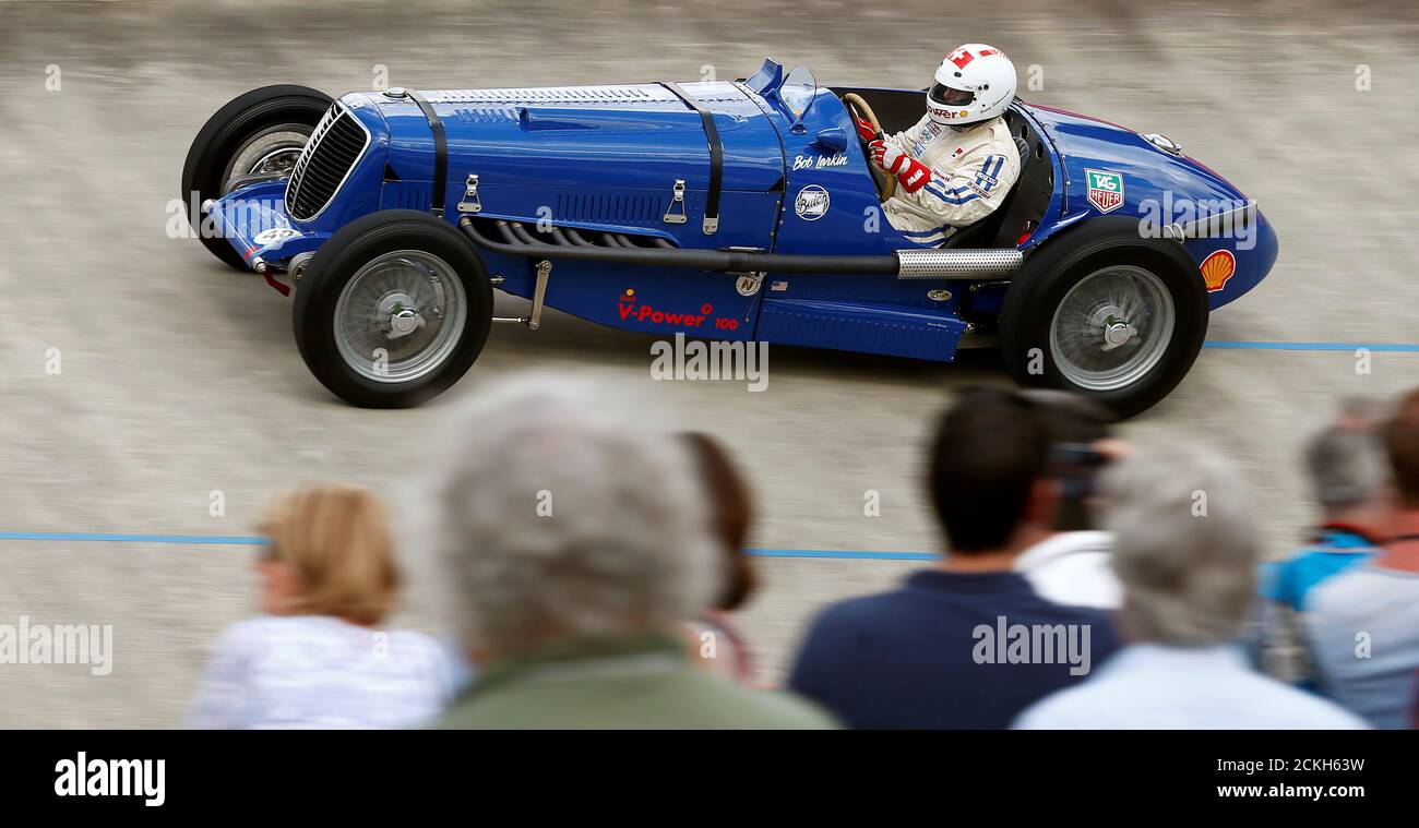 Franz Schumacher drives his 1939 Buick C8 Racing Car through a steep turn  during the Indianapolis in Oerlikon race demonstration at the Offene  Rennbahn cycling track in Zurich's Oerlikon suburb, Switzerland July