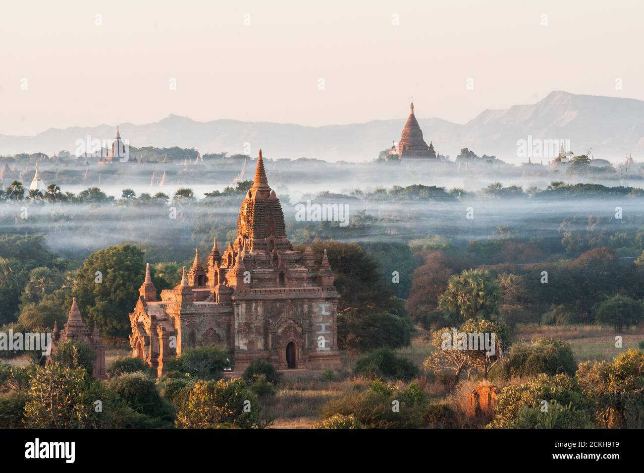 View from the Shwe Sandaw Pagoda during sunset in Bagan, Myanmar Stock Photo