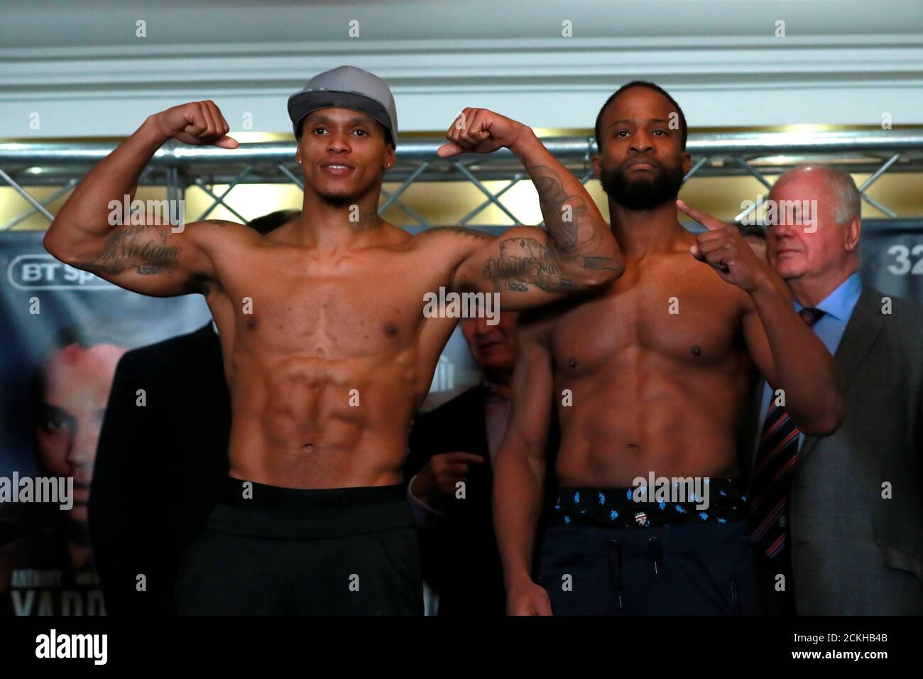boxing anthony yarde travis reeves weigh in the rembrandt hotel london britain march 7 2019 anthony yarde and travis reeves pose during the weigh in action images andrew couldridge stock photo alamy